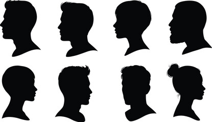 Human head silhouettes, male female profiles, people face shadow, side view heads, black outline portrait, vector illustration, anonymous person shape