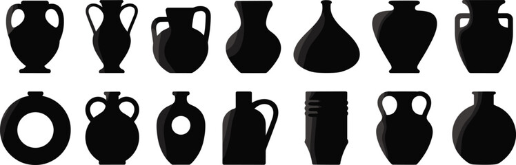 Black ceramic vase silhouettes collection, antique pottery shapes, amphora, jug, urn, decorative pottery, ancient vessel, ceramic design, isolated icons