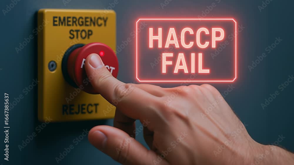 Aufkleber haccp hazard analysis critical control point failure warning emergency stop button pressed by hand f