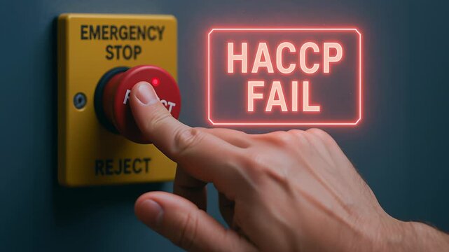 Haccp hazard analysis critical control point failure warning emergency stop button pressed by hand for hazard rejection and risk prevention safety