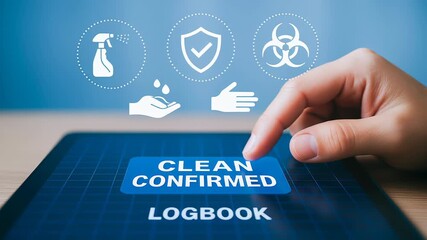 Clean confirmed logbook digital tablet with hand hygiene icons, disinfectant spray, and hazard analysis critical control point for safety - Powered by Adobe