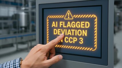 AI flagged deviation critical control point 3 industrial touchscreen highlights hazard analysis for HACCP compliance ensuring food safety process - Powered by Adobe