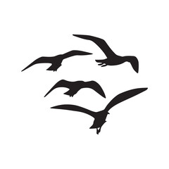 Fototapeta premium Flock of flying bird silhouettes. Seagulls vector graphic icon set, isolated on white background. Symbol of freedom, flight and the sea. 