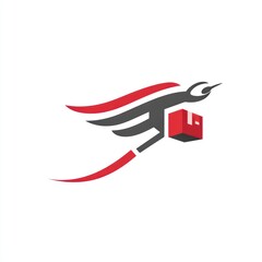 Abstract swift bird flying holding red box, suggesting fast delivery
