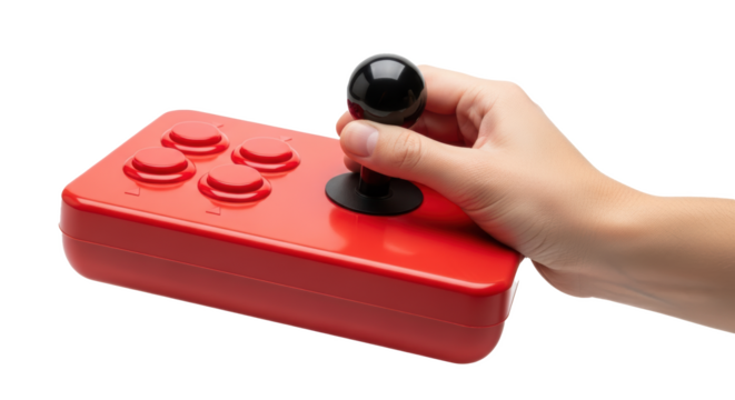 Red arcade joystick controller with hand playing retro games for console and computer gaming setup on transparent background - Powered by Adobe
