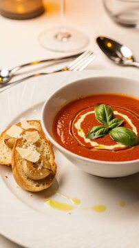 Gourmet creamy tomato soup garnished with fresh basil and olive oil. Served with roasted garlic crostini on a white plate in an elegant restaurant.