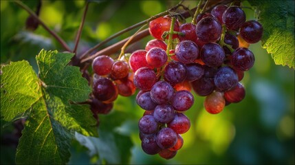 Close-up of bunches of red grapes on a vine