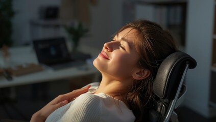 Woman relaxing in office chair with eyes closed and sunlight on her face in a bright office space