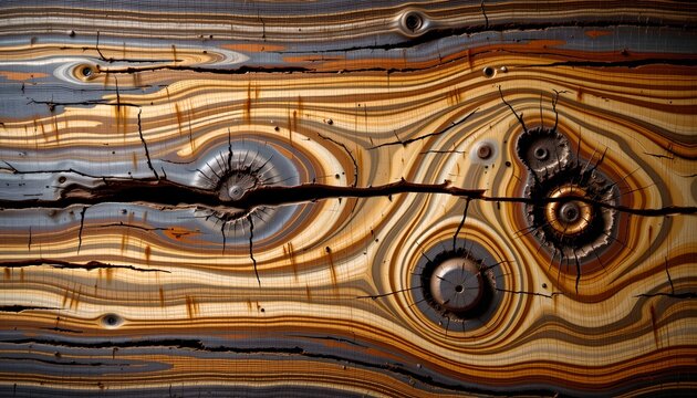 An intricately designed wooden surface with patterns that resemble tree bark and wood grain