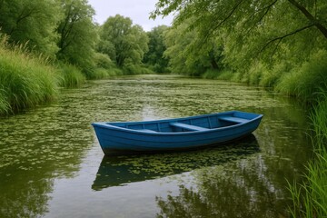 Obraz premium Serene River Scene with Blue Rowboat: A Peaceful Nature Escape on Calm Water