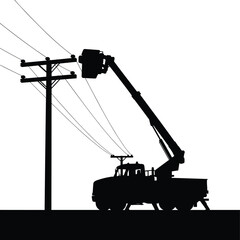 Utility truck repairing power lines silhouette, electricity maintenance, construction vehicle, bucket lift, energy service, workers equipment, infrastructure, repair, safety, engineering
