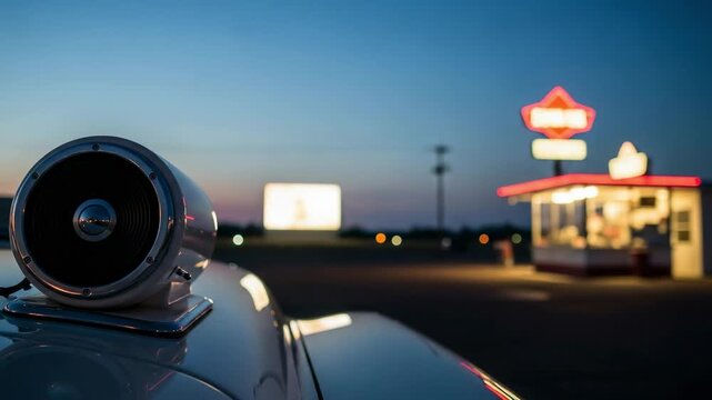 Vintage car speaker at a classic drive-in movie theater at dusk. Retro Americana scene with a concession stand and screen in the background.