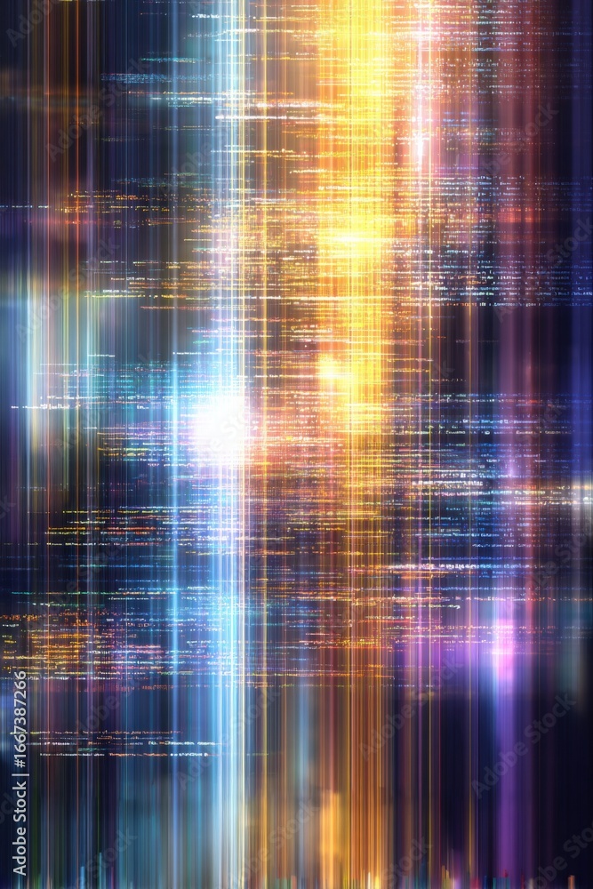 Poster abstract light trails with golden and blue hues, visualizing digital data flow and connectivity