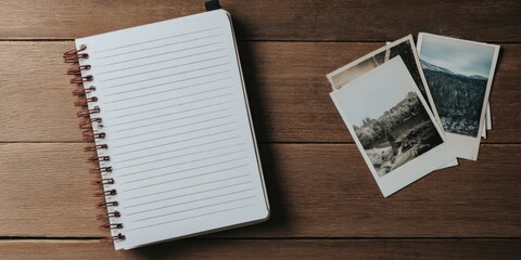 Open notebook with blank pages and photos on a wooden desk, top view