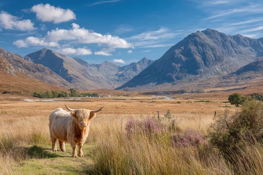 Highland Cow Grazing in Scenic Scottish Landscape with Mountains, Blue Sky, and Green Grass Under Soft White Clouds