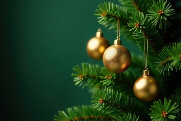Naklejka premium Lush green Christmas tree adorned with gleaming gold baubles , bright, bauble