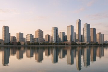 Fototapeta premium Urban Skyline Reflection at Sunrise: Modern Cityscape with Tranquil Water View and Clear Sky