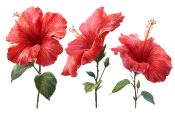 Four Vibrant Red Hibiscus Flowers With Green Leaves On Transparent Background, PNG