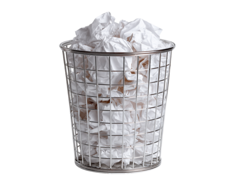Metal Wire Mesh Wastebasket Full Of Crumpled White Paper Against Transparent Background, PNG