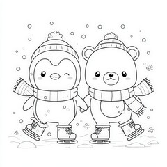 Cute Penguin and Bear Ice Skating Together in Winter Wonderland Scene
