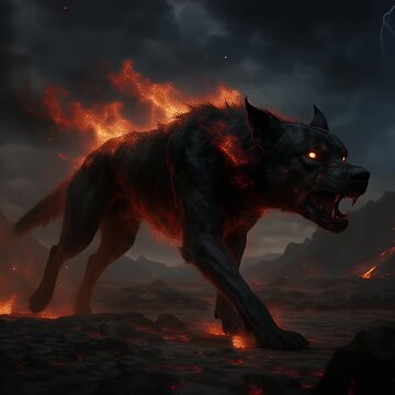 Giant flaming hellhound running across volcanic wasteland, cinematic horror fantasy creature concept photography