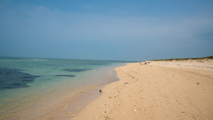Isla de Enmedio, Veracruz. Pristine sandy beach and turquoise sea under clear blue sky in Mexico.