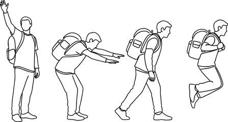 Outline drawing of student boy with backpack, school activities, walking, running, waving hand, education concept, study, learning, lifestyle, youth