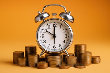 Time is Money Concept: Alarm Clock Surrounded by Stacks of Coins on Yellow Background, Financial Investment