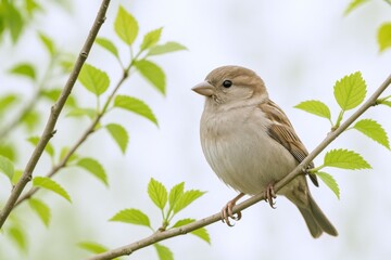Sparrow Perched on Branch with Green Leaves in Springtime Natural Habitat Close-up Portrait