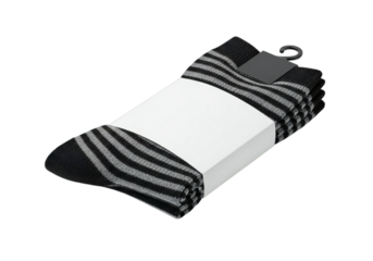 Stylish striped socks neatly packaged with a blank label and hanger hook, ready for retail display or product mockup