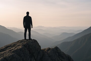 Fototapeta premium Silhouette of Man Standing on Mountain Peak Overlooking Misty Valley, Achieving Success and Freedom