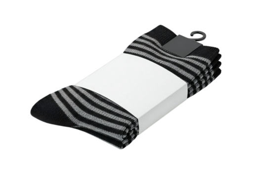 Stylish striped socks neatly packaged with a blank label and hanger hook, ready for retail display or product mockup