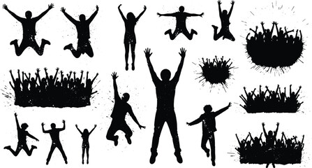 Silhouette of people jumping, cheering crowd, celebration, energy, fun, joy, freedom, festival party, group happiness, dance, success, active lifestyle, isolated background