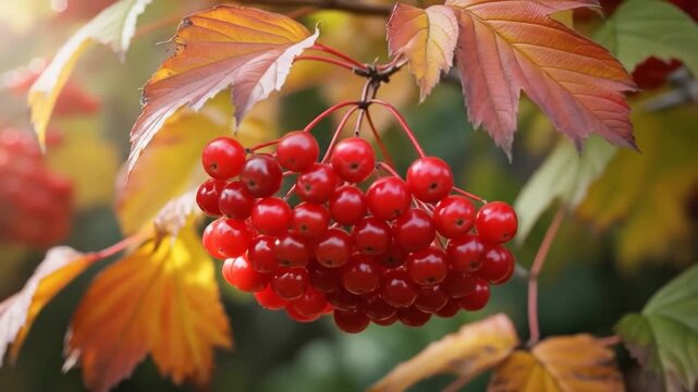 Viburnum Opulus: Red Berries and Autumn Leaves Swaying Gently in the Sunlight