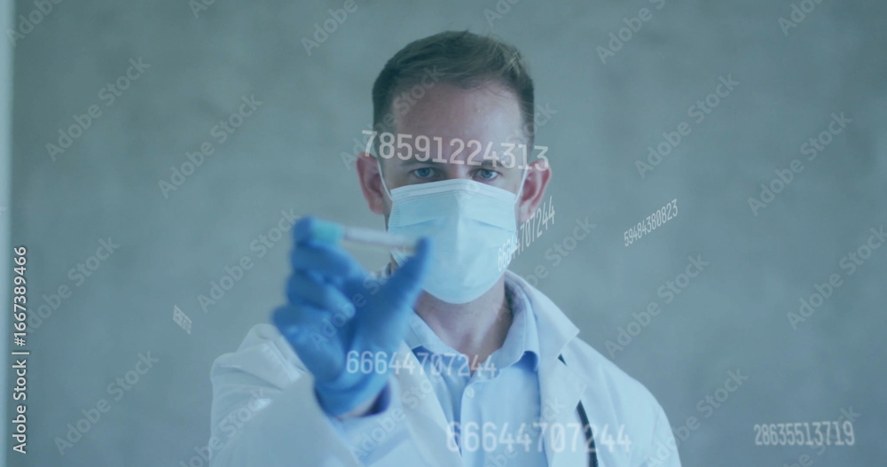 Poster examining scientist in lab coat, mask and gloves holding test tube in lab with numeric overlays