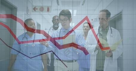 Walking medical team in scrubs and stethoscopes down hospital corridor, with line graph overlay