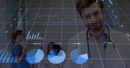 Male doctor with stethoscope consulting patient and nurse in scrubs in clinic, with digital charts