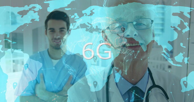 Standing two doctors in lab coat displaying holographic world map in hospital corridor, 6G network - Powered by Adobe