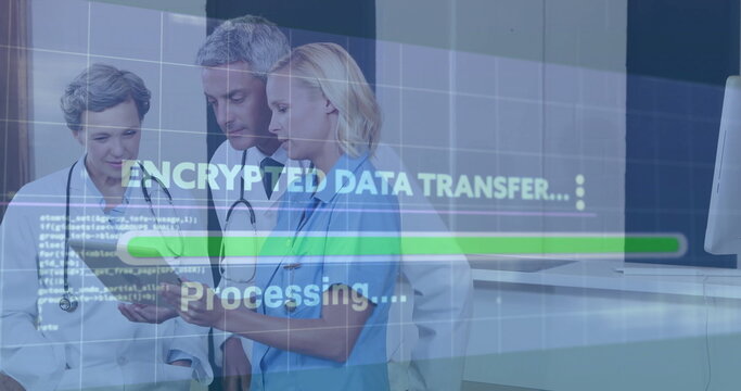 Medical staff in lab coats and scrubs reviewing encrypted data on tablet in clinic, with overlay