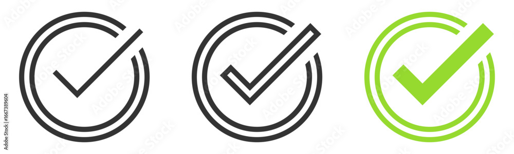 Poster check mark icon button set. check box icon with right or correct buttons and yes checkmark tick box 