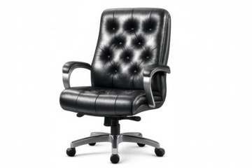 Black leather office chair with adjustable height and wheels, isolated on transparent background, ideal for interior design or workplace concepts