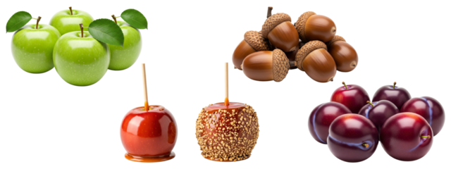 Fall harvest collection of autumn fruits and treats including green apples, acorns, and candy apples.