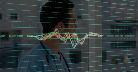 Gazing doctor standing at glass window in clinic corridor, with stethoscope and waveform overlay
