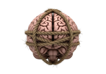 Symbolizing mental struggle or brain fatigue, a realistic human brain is tightly bound by rough rope, evoking feelings of constraint and pressure.