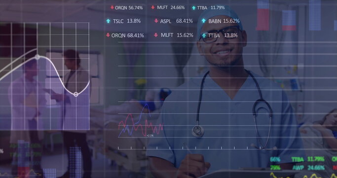 Smiling doctor holding stethoscope and clipboard in hospital ward, with translucent charts overlay - Powered by Adobe