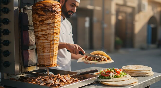 "Apetyczny shawarma w picie z mięsem, sałatą i sosem"