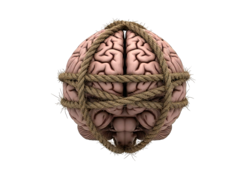 Symbolizing mental struggle or brain fatigue, a realistic human brain is tightly bound by rough rope, evoking feelings of constraint and pressure.