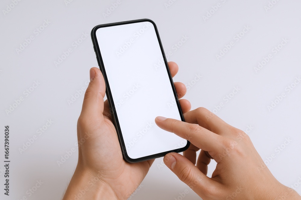 Poster hand holding and interacting with a blank screen smartphone, mockup for app ui design