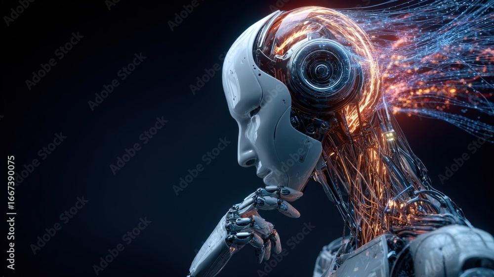 Poster futuristic female robot contemplating ai development, artificial intelligence, data streams and mach