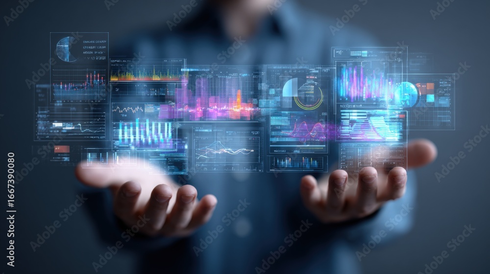 Poster data visualization interface: man presenting advanced analytics and information on floating digital 